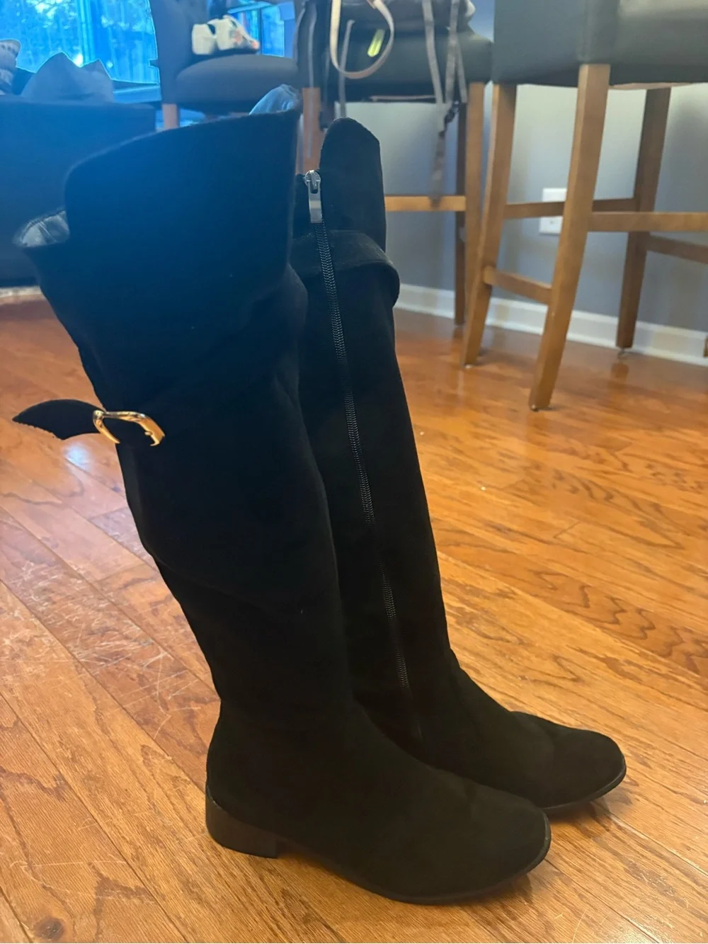 Black Over-the-Knee Suede Boots Gold Buckle Size 39 (8-8.5)
